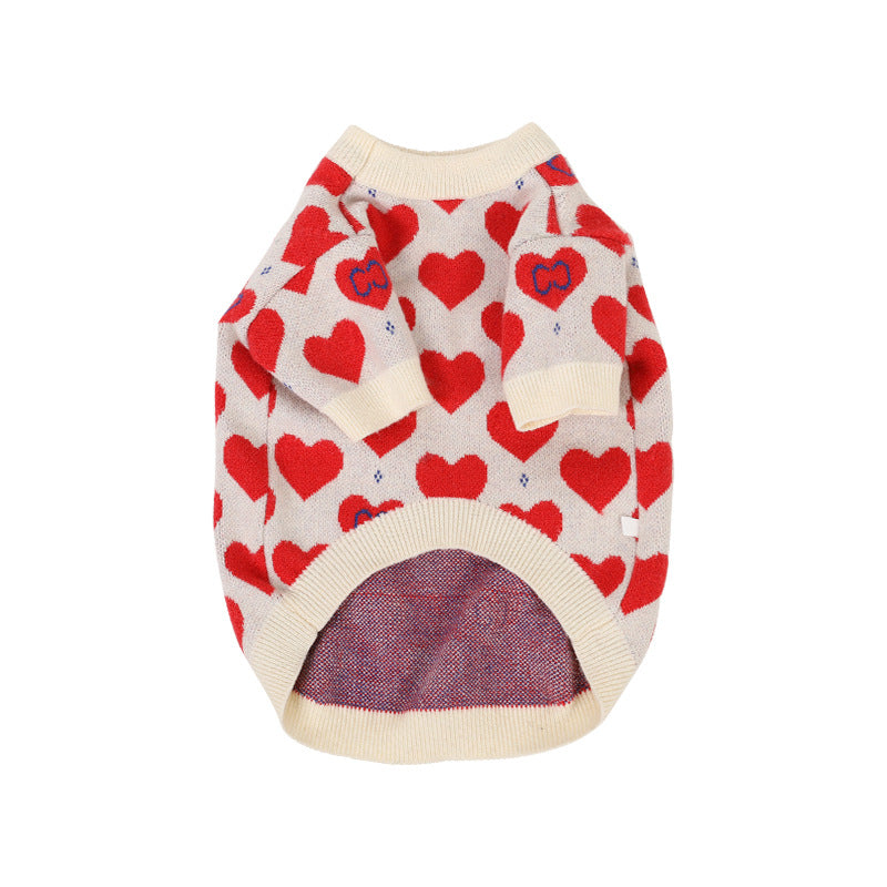 Red Heart Pet Sweater Fashion Brand Dog Clothes Autumn And Winter French Bucket Chenari Small Dog Cat Knitted Sweater