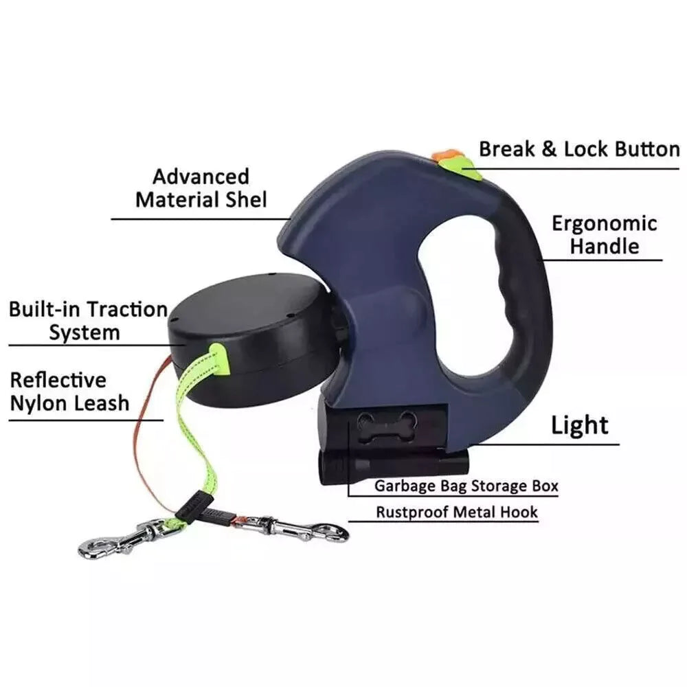 Dual Pet Leash Retractable Reflective Lead 360 Swivel Double Dog Walking Leash