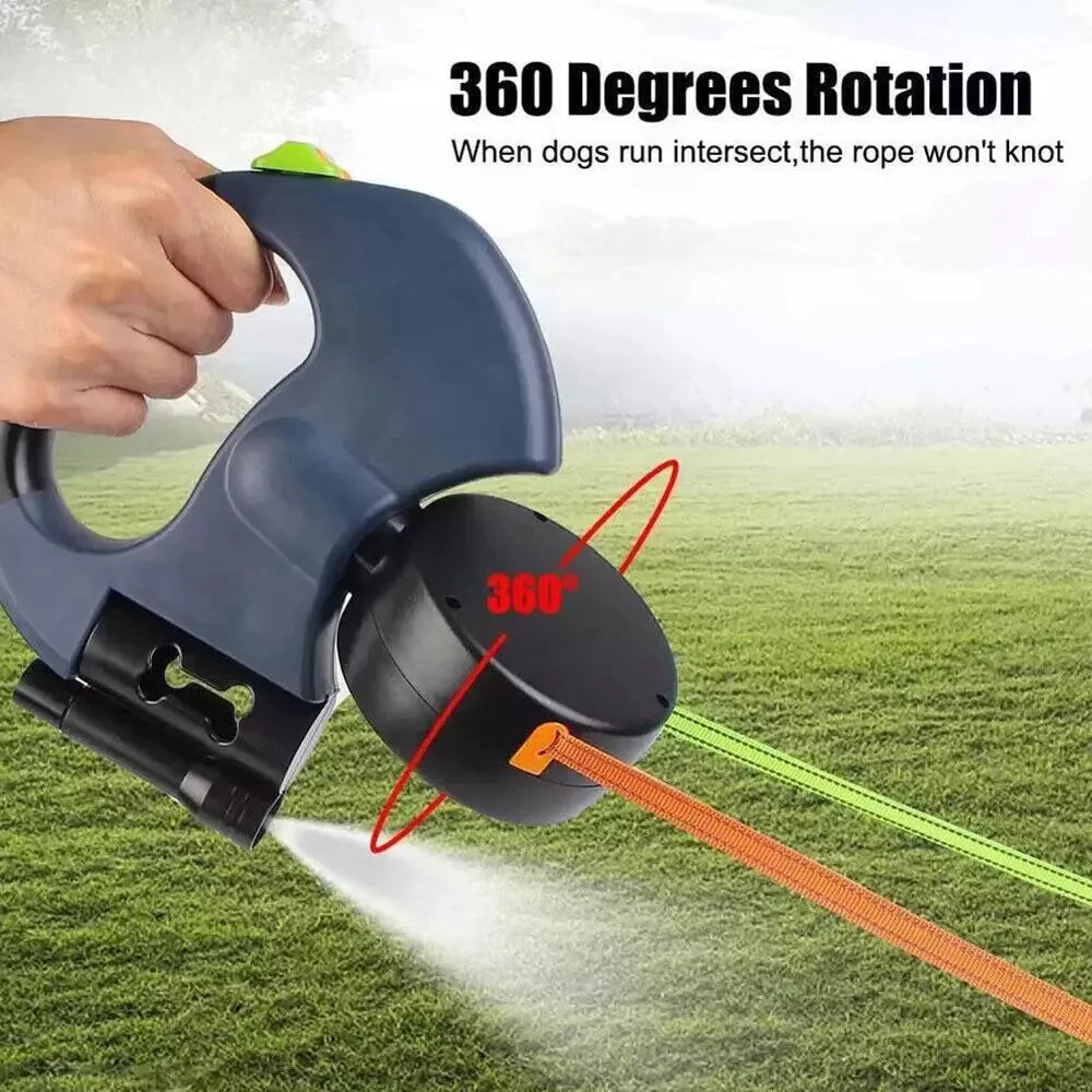Dual Pet Leash Retractable Reflective Lead 360 Swivel Double Dog Walking Leash