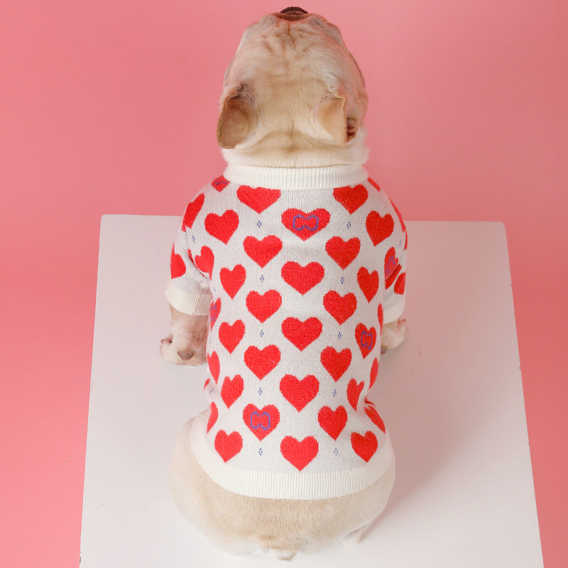 Red Heart Pet Sweater Fashion Brand Dog Clothes Autumn And Winter French Bucket Chenari Small Dog Cat Knitted Sweater