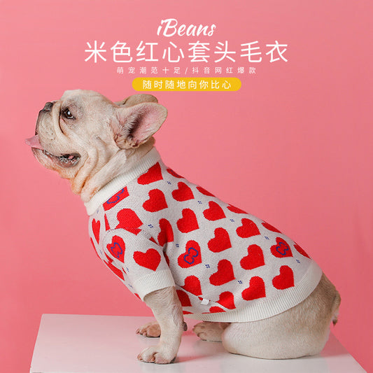 Red Heart Pet Sweater Fashion Brand Dog Clothes Autumn And Winter French Bucket Chenari Small Dog Cat Knitted Sweater