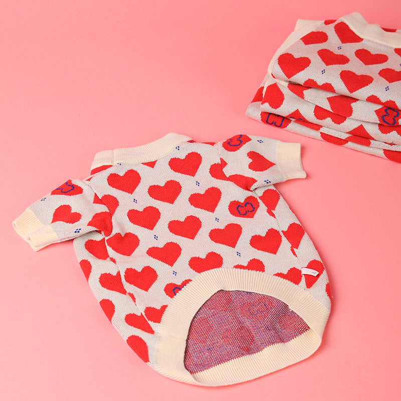 Red Heart Pet Sweater Fashion Brand Dog Clothes Autumn And Winter French Bucket Chenari Small Dog Cat Knitted Sweater