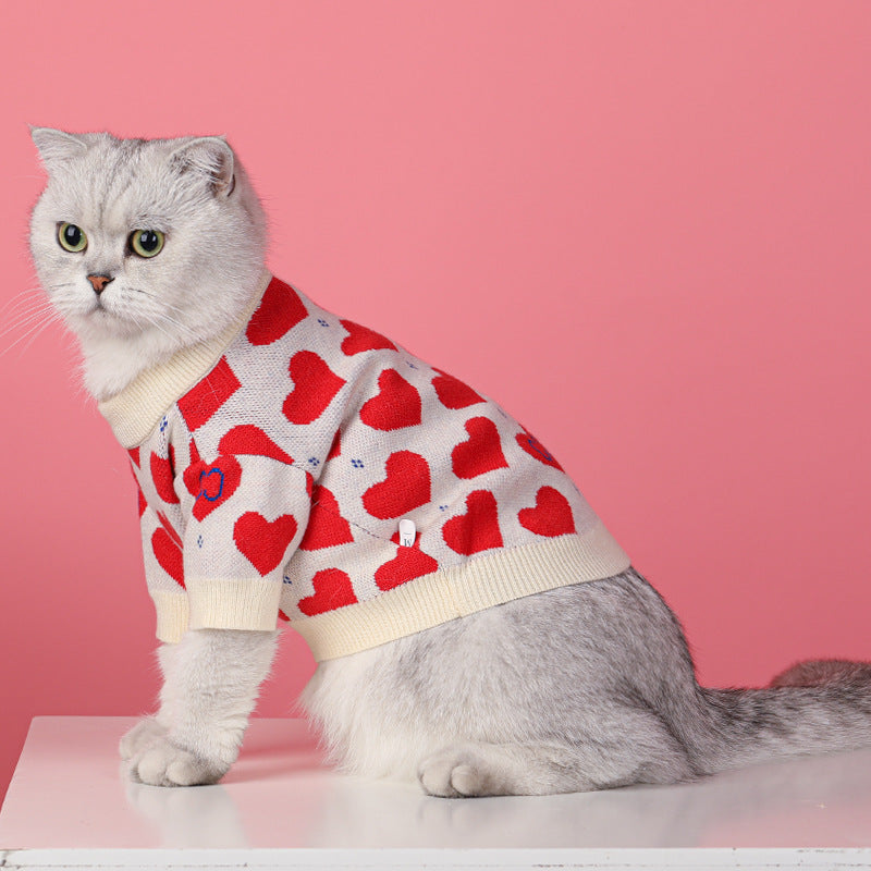Red Heart Pet Sweater Fashion Brand Dog Clothes Autumn And Winter French Bucket Chenari Small Dog Cat Knitted Sweater