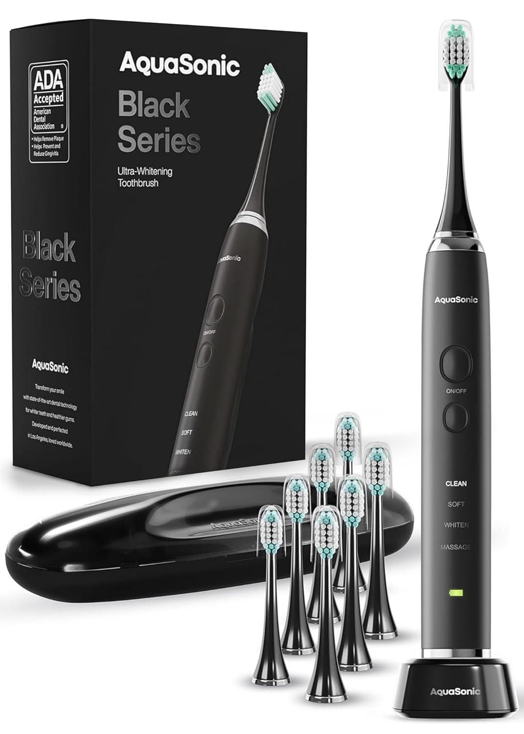 Aquasonic Black Series Electric Toothbrush – Ultra Whitening, 8 Brush Heads & Travel Case